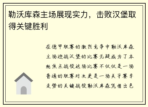 勒沃库森主场展现实力，击败汉堡取得关键胜利