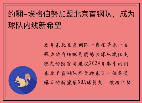 约翾-埃格伯努加盟北京首钢队，成为球队内线新希望
