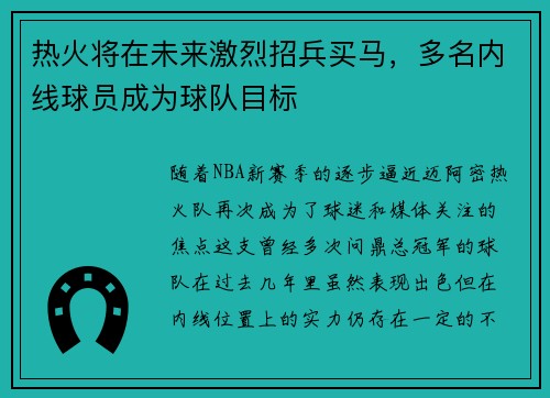热火将在未来激烈招兵买马，多名内线球员成为球队目标