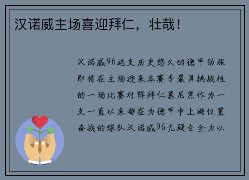 汉诺威主场喜迎拜仁，壮哉！