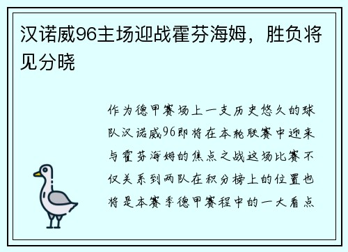 汉诺威96主场迎战霍芬海姆，胜负将见分晓