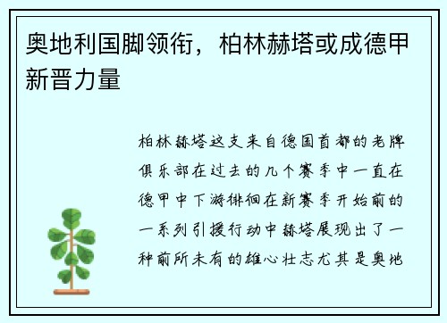 奥地利国脚领衔，柏林赫塔或成德甲新晋力量