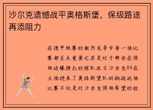 沙尔克遗憾战平奥格斯堡，保级路途再添阻力