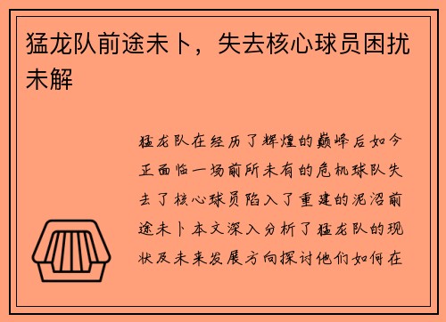 猛龙队前途未卜，失去核心球员困扰未解