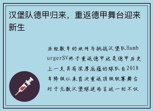 汉堡队德甲归来，重返德甲舞台迎来新生