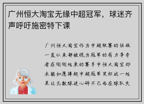 广州恒大淘宝无缘中超冠军，球迷齐声呼吁施密特下课