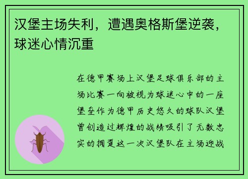 汉堡主场失利，遭遇奥格斯堡逆袭，球迷心情沉重