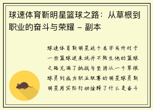 球速体育靳明星篮球之路：从草根到职业的奋斗与荣耀 - 副本