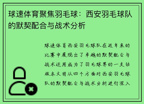球速体育聚焦羽毛球：西安羽毛球队的默契配合与战术分析