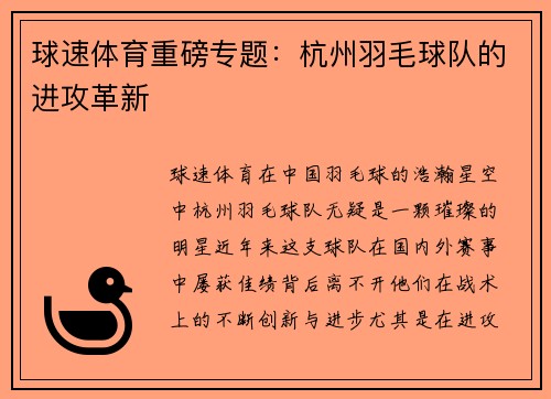 球速体育重磅专题：杭州羽毛球队的进攻革新