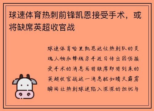 球速体育热刺前锋凯恩接受手术，或将缺席英超收官战
