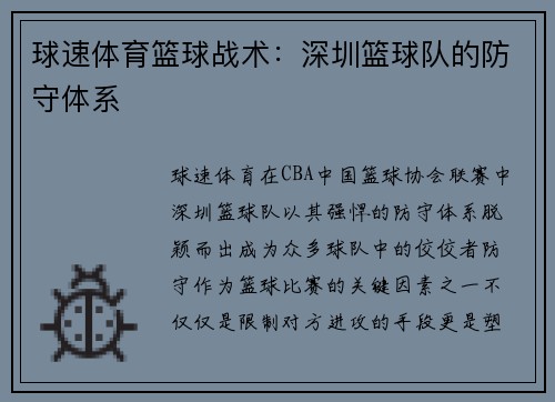 球速体育篮球战术：深圳篮球队的防守体系