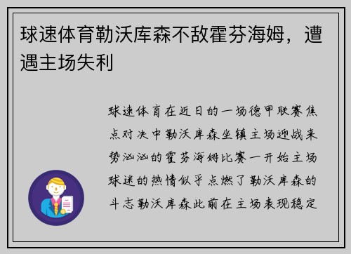 球速体育勒沃库森不敌霍芬海姆，遭遇主场失利