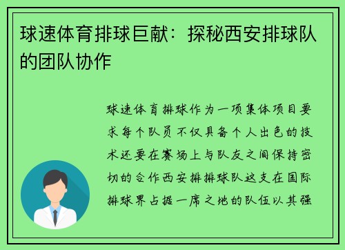 球速体育排球巨献：探秘西安排球队的团队协作